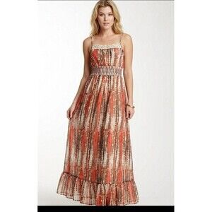 ​Romeo & Juliet Couture Maxi Dress Sz M Boho Tribal Print  Sequin smocked  Waist